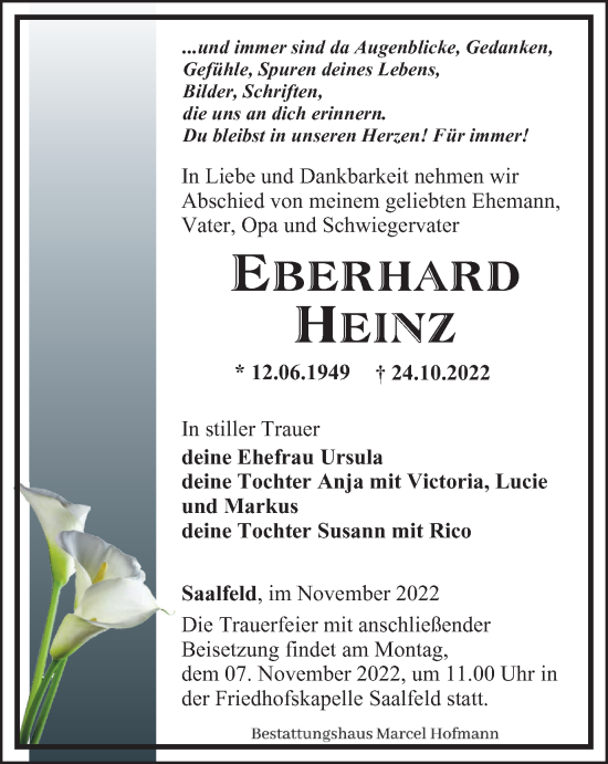 Traueranzeige von Eberhard Heinz