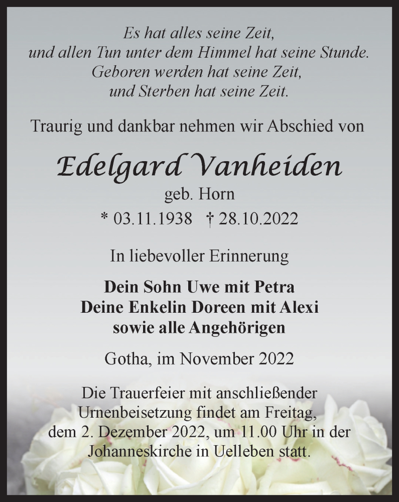  Traueranzeige für Edelgard Vanheiden vom 19.11.2022 aus Thüringer Allgemeine, Thüringische Landeszeitung