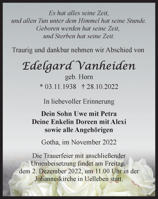 Traueranzeige von Edelgard Vanheiden von Thüringer Allgemeine, Thüringische Landeszeitung