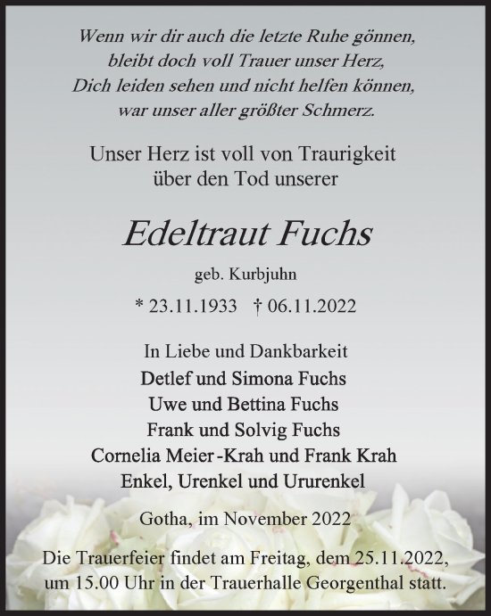 Traueranzeige von Edeltraut Fuchs von Thüringer Allgemeine, Thüringische Landeszeitung
