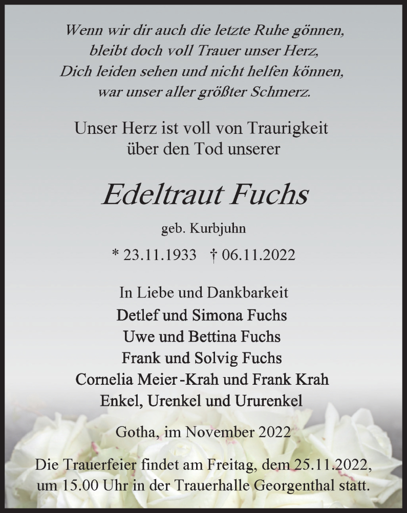 Traueranzeige für Edeltraut Fuchs vom 19.11.2022 aus Thüringer Allgemeine, Thüringische Landeszeitung