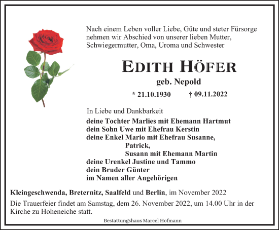 Traueranzeige von Edith Höfer von Ostthüringer Zeitung