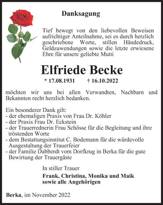 Traueranzeige von Elfriede Becke