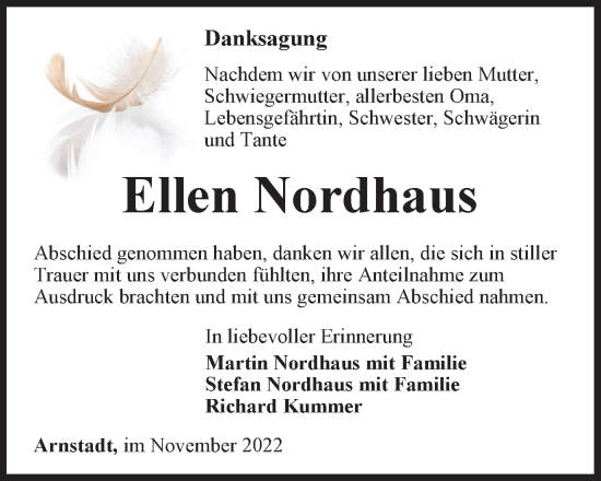 Traueranzeige von Ellen Nordhaus von Thüringer Allgemeine