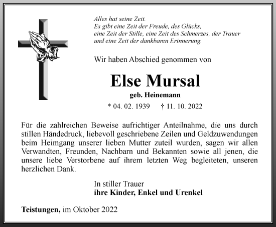 Traueranzeige von Else Mursal von Thüringer Allgemeine