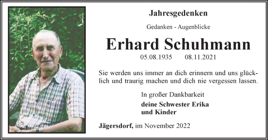 Traueranzeige von Erhard Schuhmann von Ostthüringer Zeitung, Thüringische Landeszeitung
