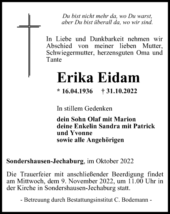 Traueranzeige von Erika Eidam