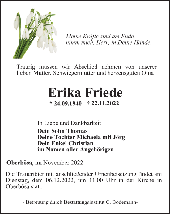 Traueranzeige von Erika Friede von Thüringer Allgemeine