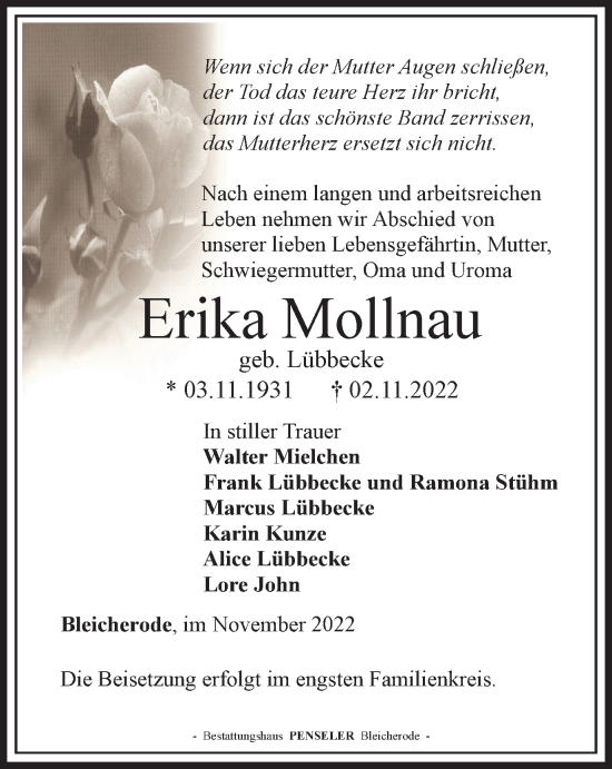 Traueranzeige von Erika Mollnau von Thüringer Allgemeine