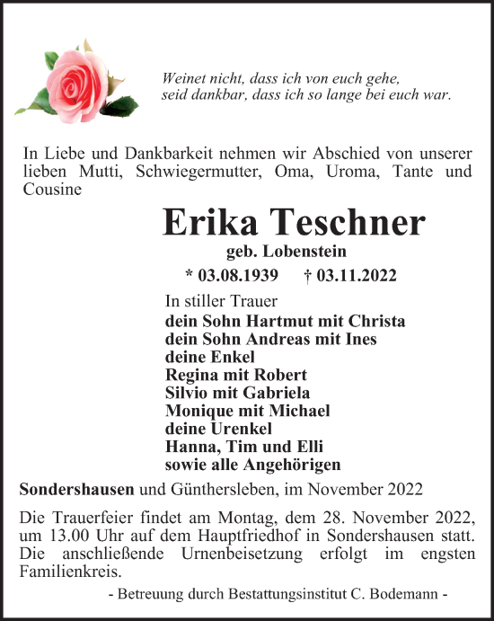 Traueranzeige von Erika Teschner