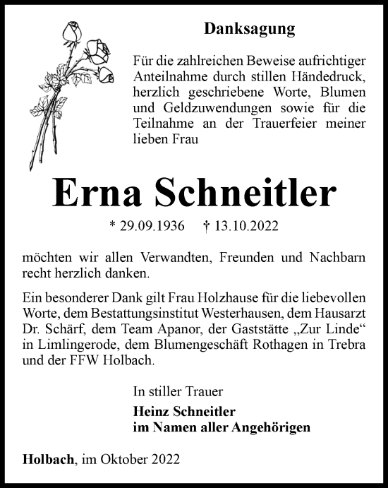 Traueranzeige von Erna Schneitler von Thüringer Allgemeine