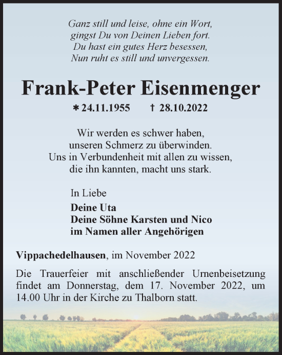 Traueranzeige von Frank-Peter Eisenmenger von Thüringer Allgemeine, Thüringische Landeszeitung