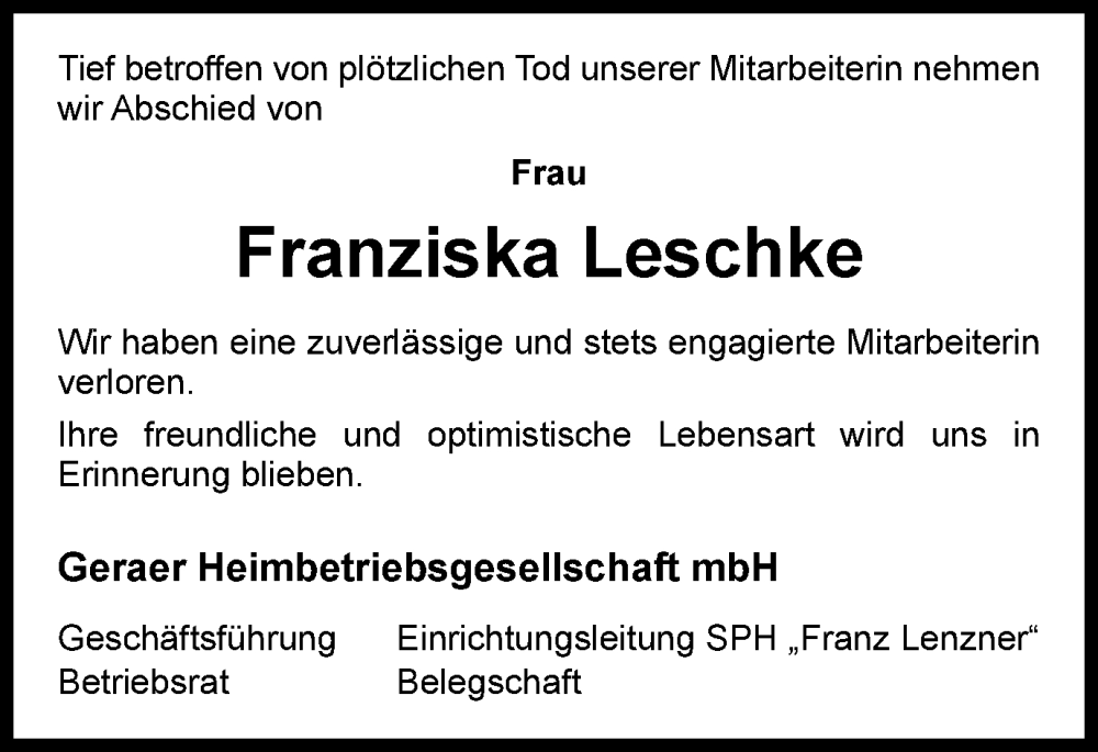  Traueranzeige für Franziska Leschke vom 19.11.2022 aus Ostthüringer Zeitung