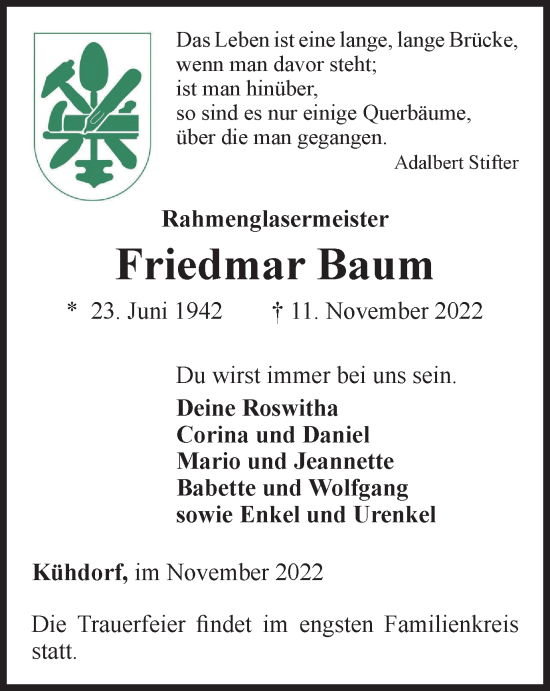 Traueranzeige von Friedmar Baum von Ostthüringer Zeitung