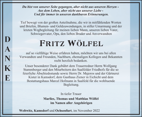 Traueranzeige von Fritz Wölfel