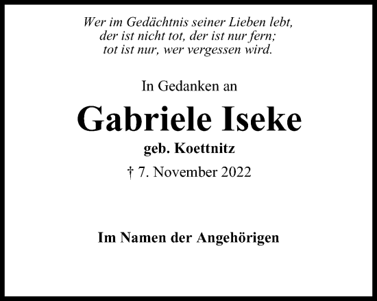 Traueranzeige von Gabriele Iseke