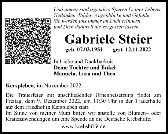 Traueranzeige von Gabriele Steier von Thüringer Allgemeine, Thüringische Landeszeitung