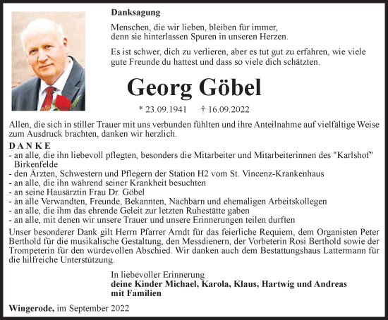 Traueranzeige von Georg Göbel von Thüringer Allgemeine