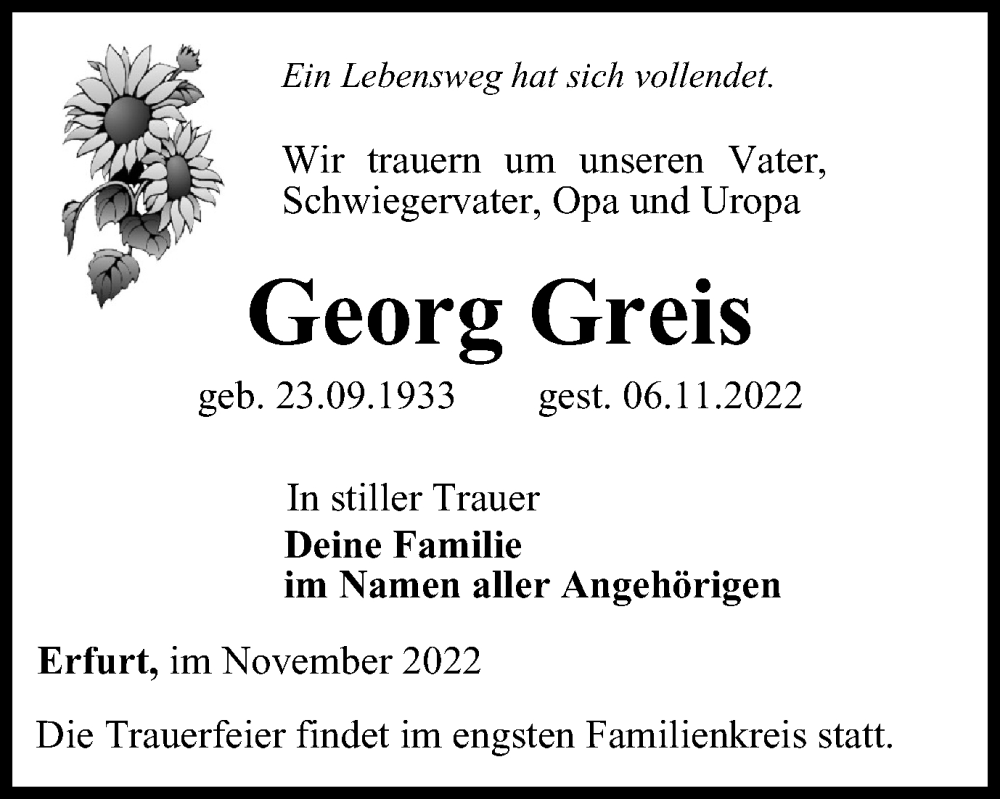  Traueranzeige für Georg Greis vom 19.11.2022 aus Thüringer Allgemeine, Thüringische Landeszeitung