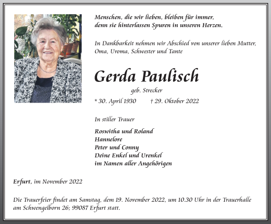 Traueranzeige von Gerda Paulisch