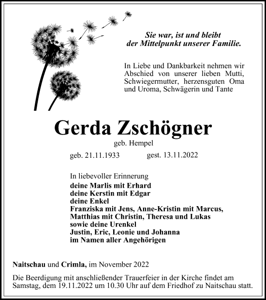 Traueranzeige von Gerda Zschögner von Ostthüringer Zeitung