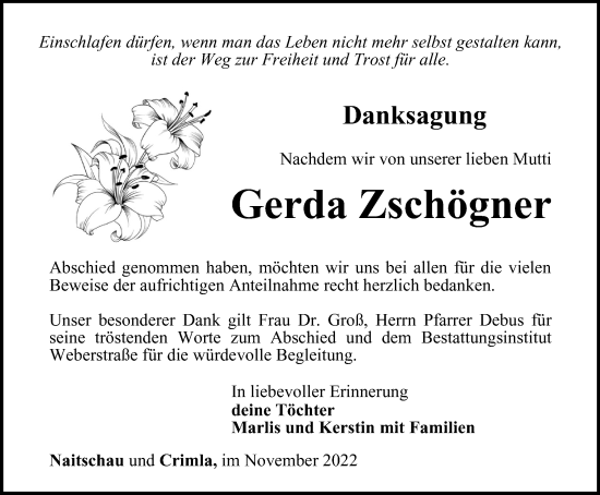 Traueranzeige von Gerda Zschögner von Ostthüringer Zeitung