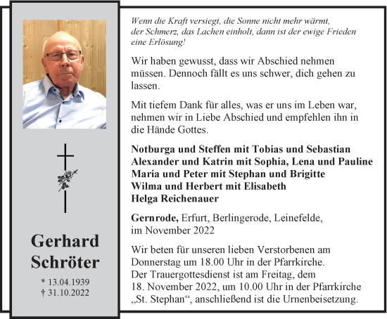 Traueranzeige von Gerhard Schröter von Thüringer Allgemeine