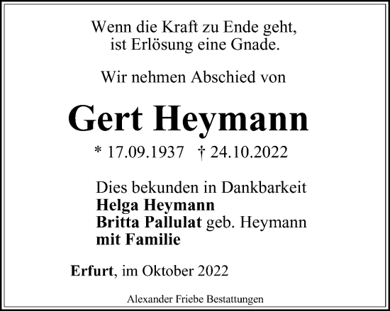 Traueranzeige von Gert Heymann von Thüringer Allgemeine, Thüringische Landeszeitung