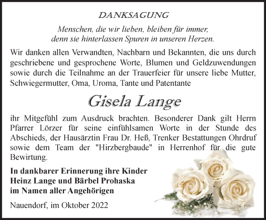 Traueranzeige von Gisela Lange von Thüringer Allgemeine, Thüringische Landeszeitung