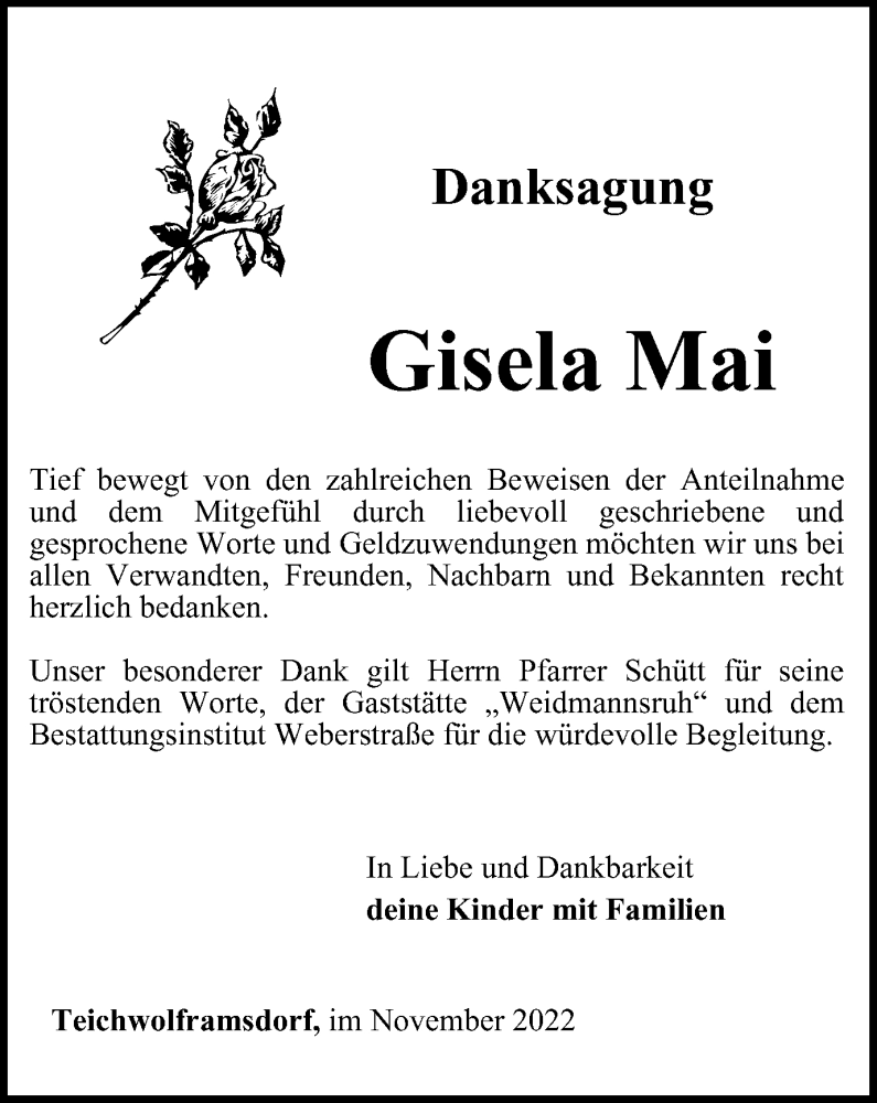  Traueranzeige für Gisela Mai vom 18.11.2022 aus Ostthüringer Zeitung