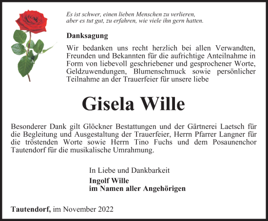 Traueranzeige von Gisela Wille von Ostthüringer Zeitung