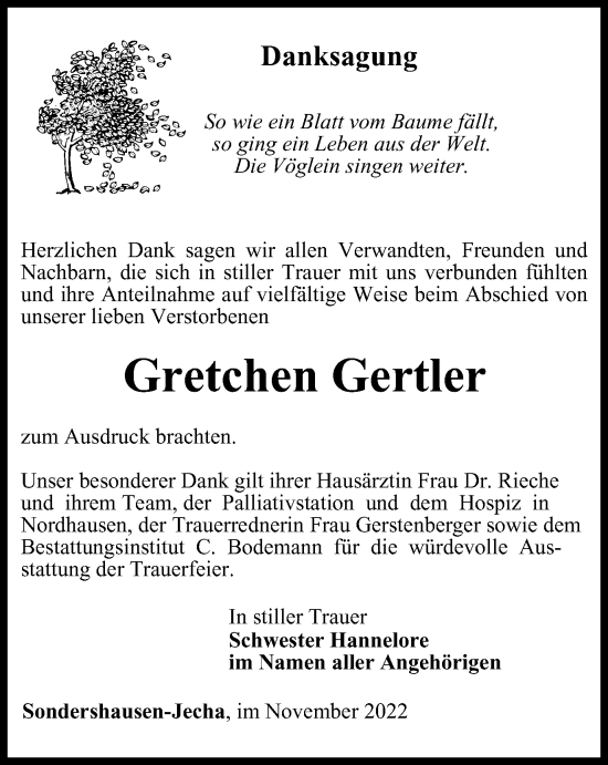 Traueranzeige von Gretchen Gertler