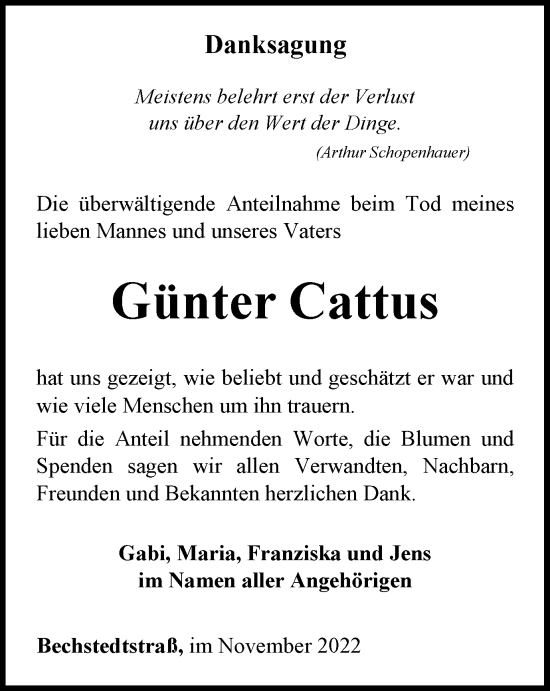 Traueranzeige von Günter Cattus von Thüringer Allgemeine, Thüringische Landeszeitung