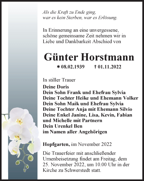 Traueranzeige von Günter Horstmann von Thüringer Allgemeine, Thüringische Landeszeitung