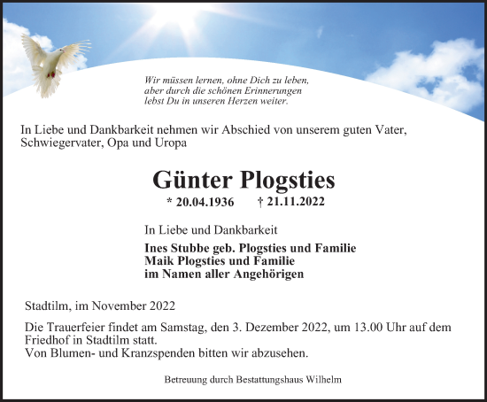 Traueranzeige von Günter Plogsties von Thüringer Allgemeine