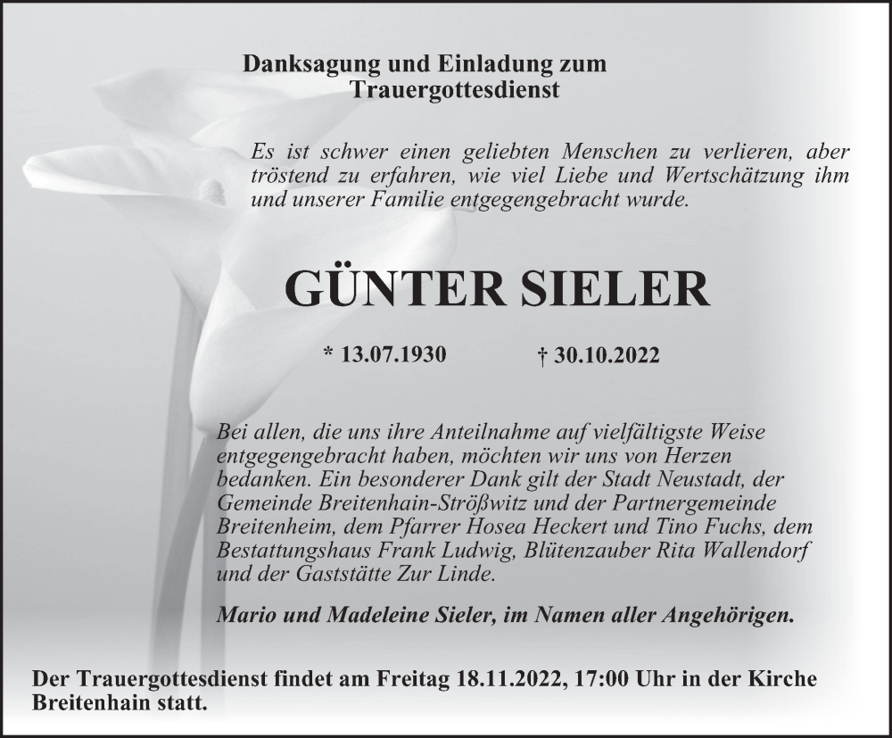  Traueranzeige für Günter Sieler vom 17.11.2022 aus Ostthüringer Zeitung