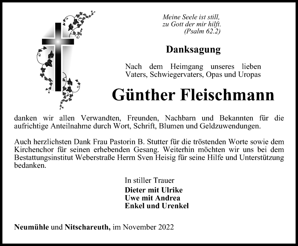  Traueranzeige für Günther Fleischmann vom 18.11.2022 aus Ostthüringer Zeitung