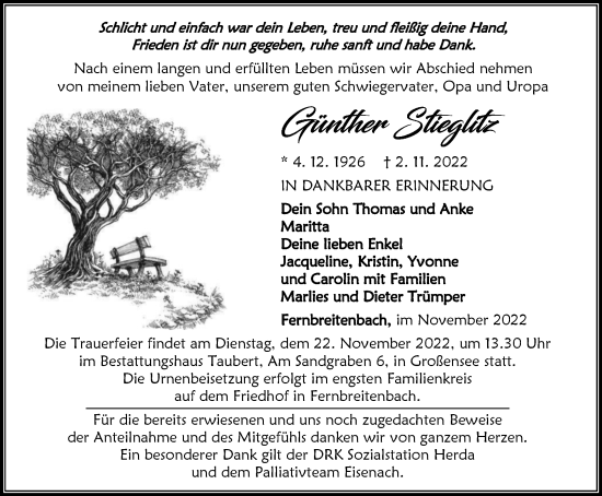 Traueranzeige von Günther Stieglitz von Thüringer Allgemeine, Thüringische Landeszeitung