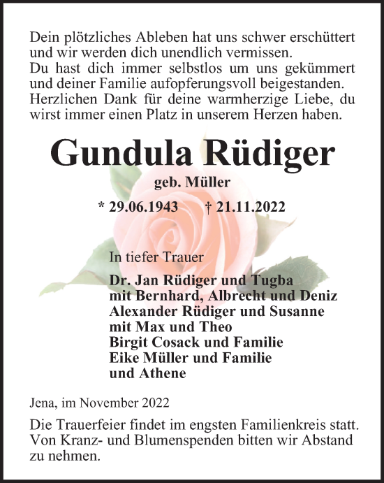 Traueranzeige von Gundula Rüdiger von Ostthüringer Zeitung, Thüringische Landeszeitung