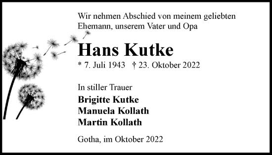 Traueranzeige von Hans Kutke von Thüringer Allgemeine, Thüringische Landeszeitung
