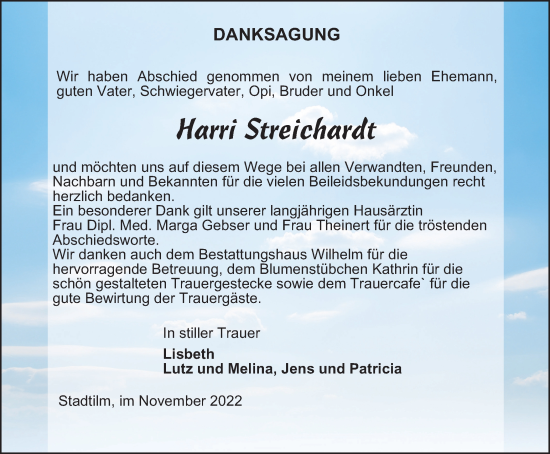 Traueranzeige von Harri Streichardt von Thüringer Allgemeine