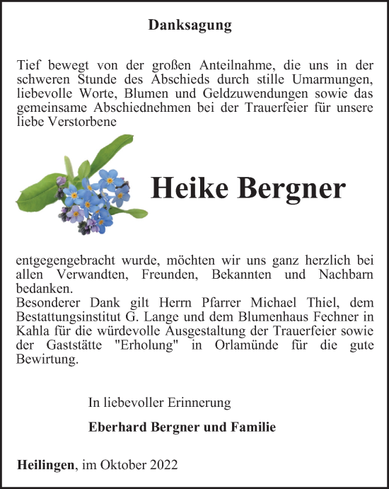Traueranzeige von Heike Bergner von Ostthüringer Zeitung