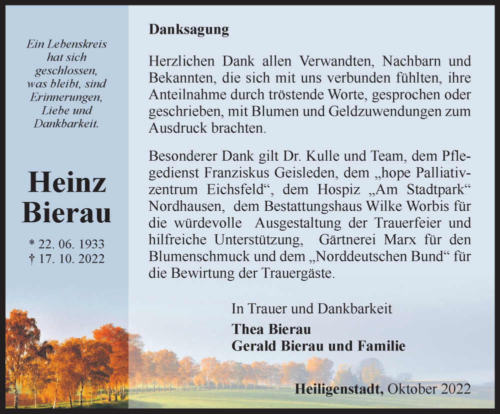  Traueranzeige für Heinz Bierau vom 22.11.2022 aus Thüringer Allgemeine