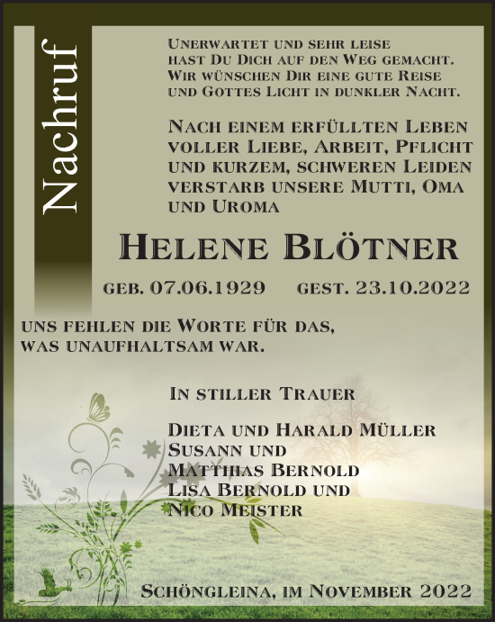 Traueranzeige von Helene Blötner von Ostthüringer Zeitung