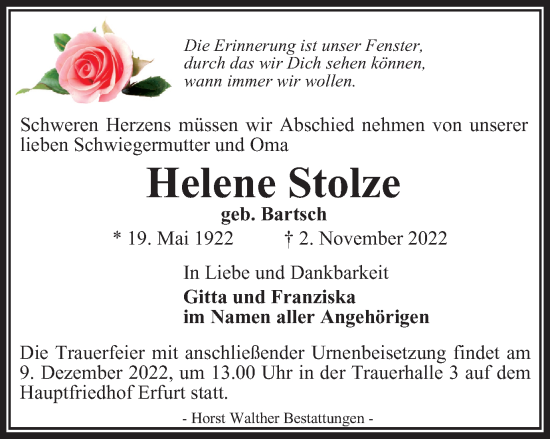 Traueranzeige von Helene Stolze