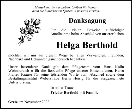 Traueranzeige von Helga Berthold von Ostthüringer Zeitung