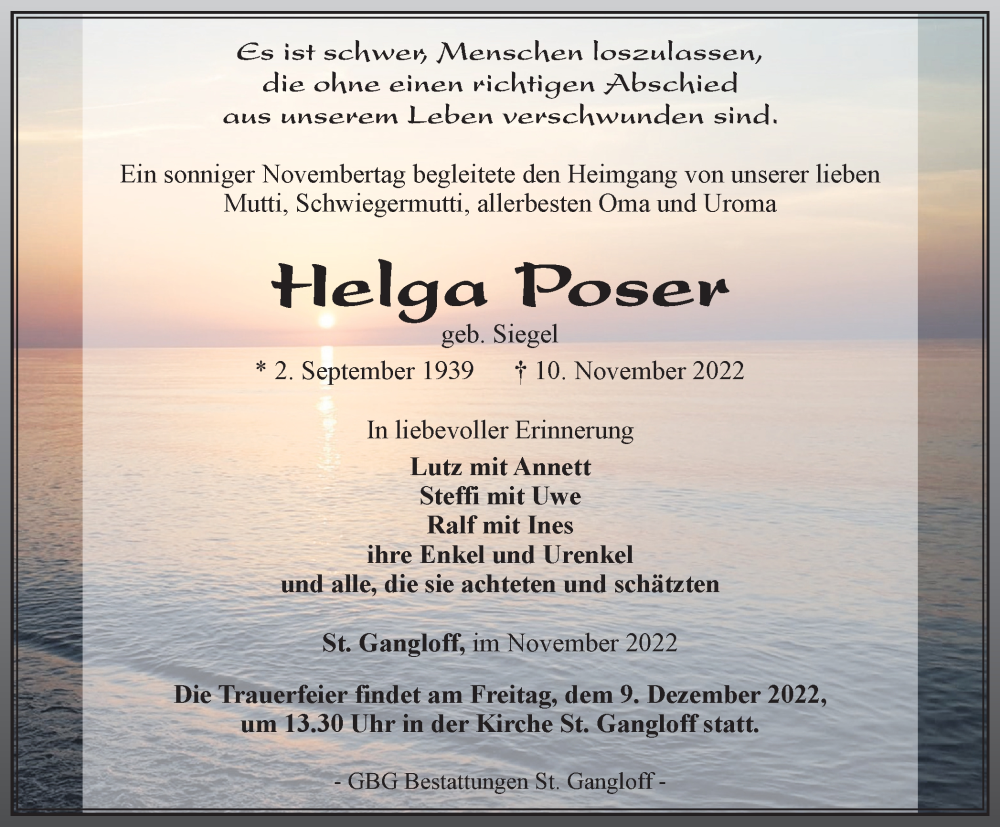  Traueranzeige für Helga Poser vom 19.11.2022 aus Ostthüringer Zeitung