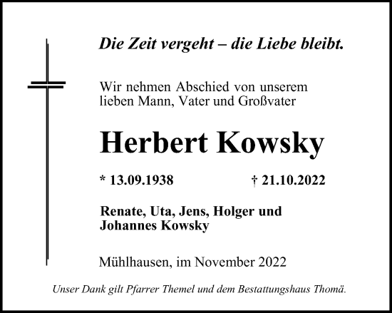 Traueranzeige von Herbert Kowsky von Thüringer Allgemeine, Thüringische Landeszeitung