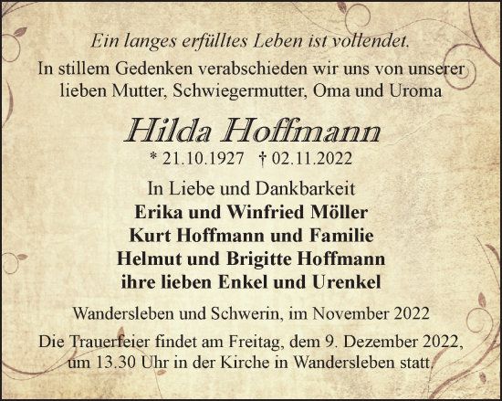 Traueranzeige von Hilda Hoffmann von Thüringer Allgemeine, Thüringische Landeszeitung