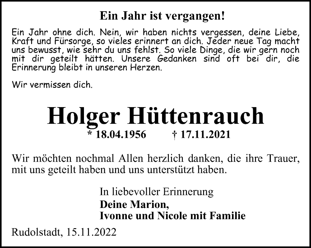  Traueranzeige für Holger Hüttenrauch vom 17.11.2022 aus Ostthüringer Zeitung